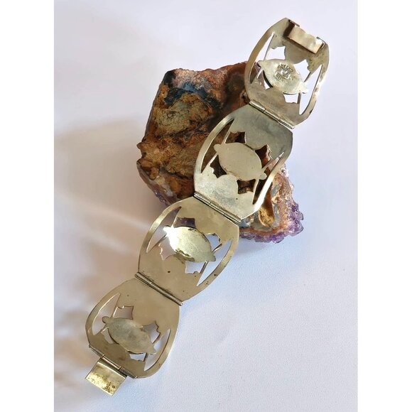 Eagle Head Taxco Sterling Silver Confetti Opal Foil Glass Hinged Panel Bracelet - Picture 7 of 13